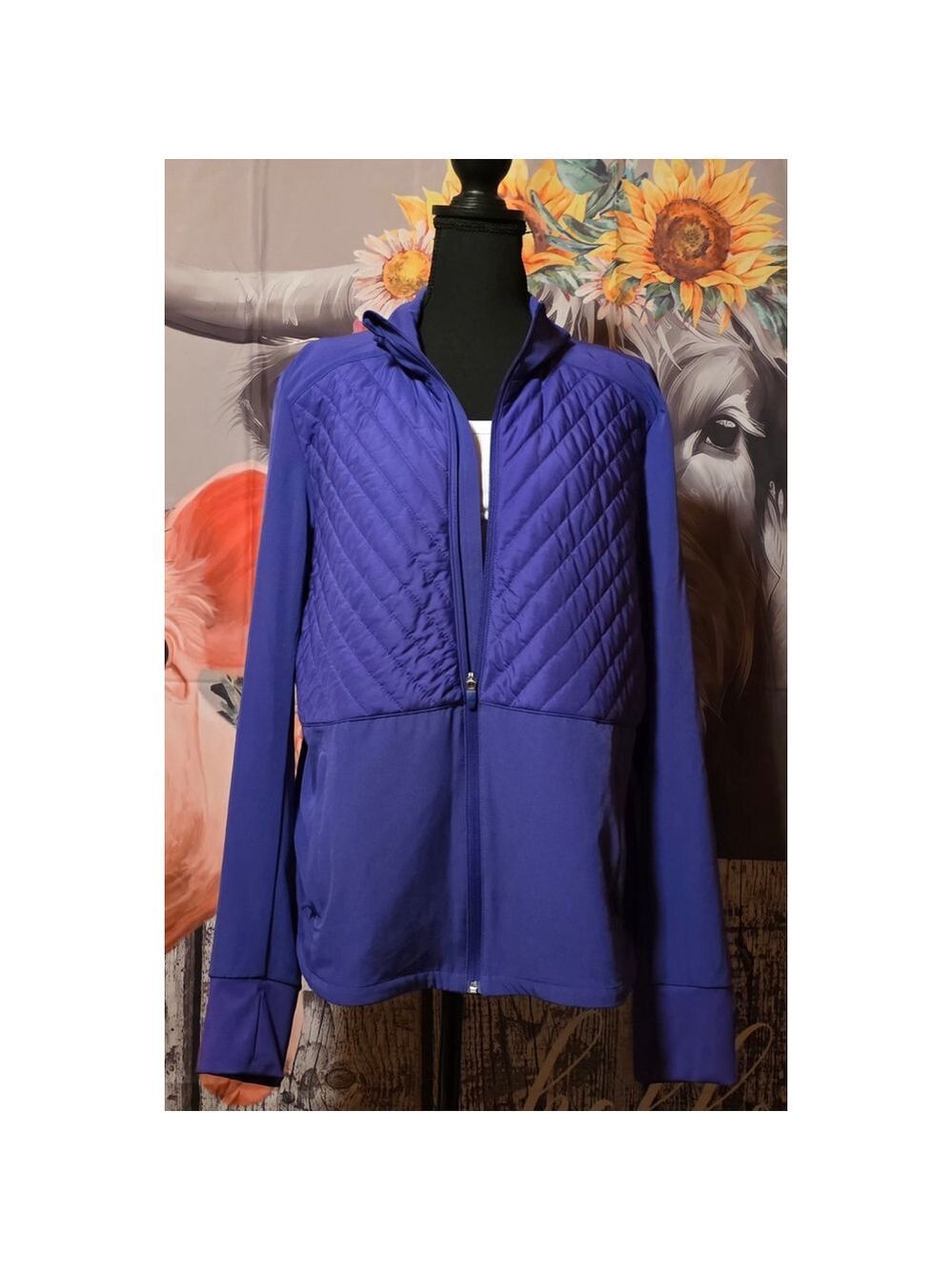 Blue Zip Up Puffer Jacket Cinched Waist